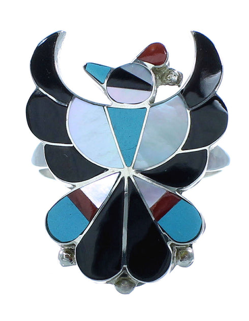 Zuni Multicolor Inlay Thunderbird Sterling Silver Ring Size 7-1/2 JX127574